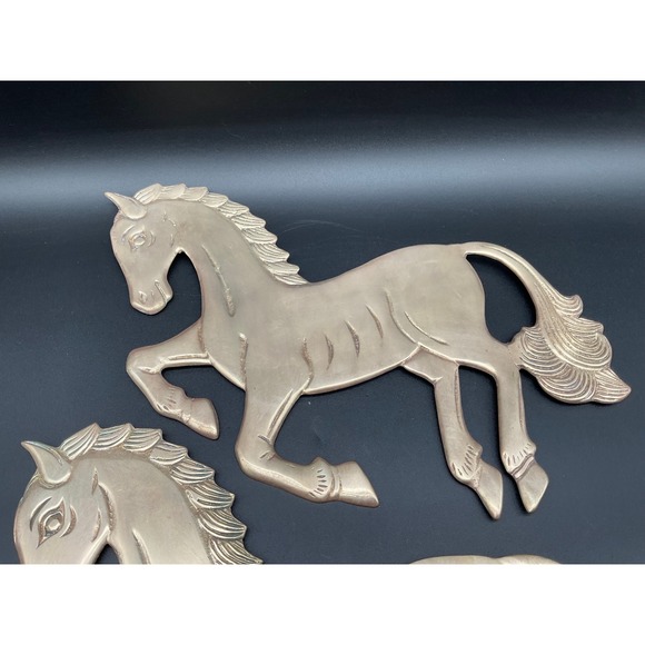 Vintage Midcentury Brass Horse Wall Hangings Pair Galloping Stallion Silhouettes - Picture 5 of 9